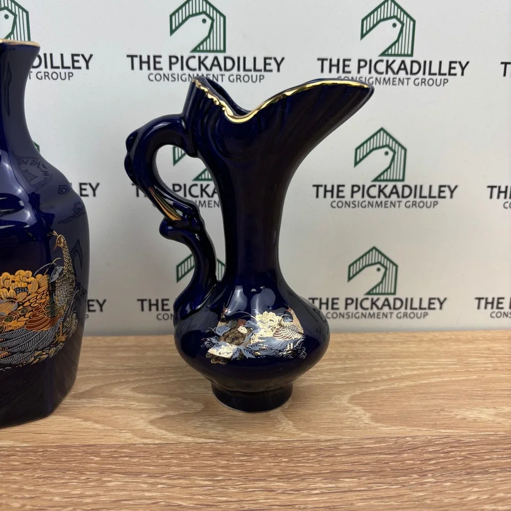 Vintage Cobalt Blue Gold Peacock Porcelain Bud Vase Set 3 Chinoiserie Floral